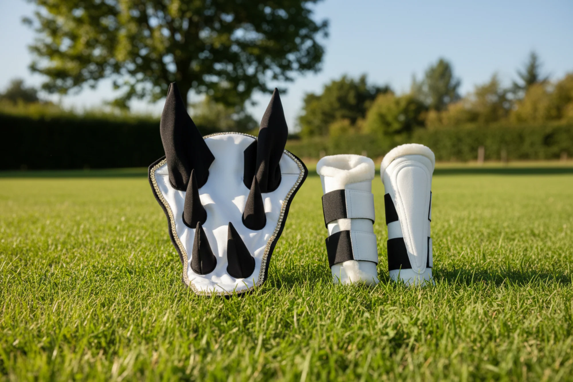 Sparkling White Dragon Saddle Pad, Ear Bonnet & Horse Boot Set - Image 3