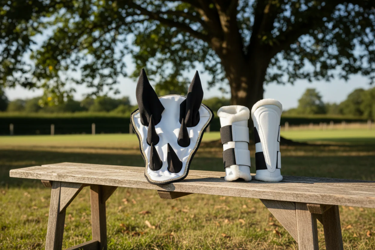 Sparkling White Dragon Saddle Pad, Ear Bonnet & Horse Boot Set - Image 9