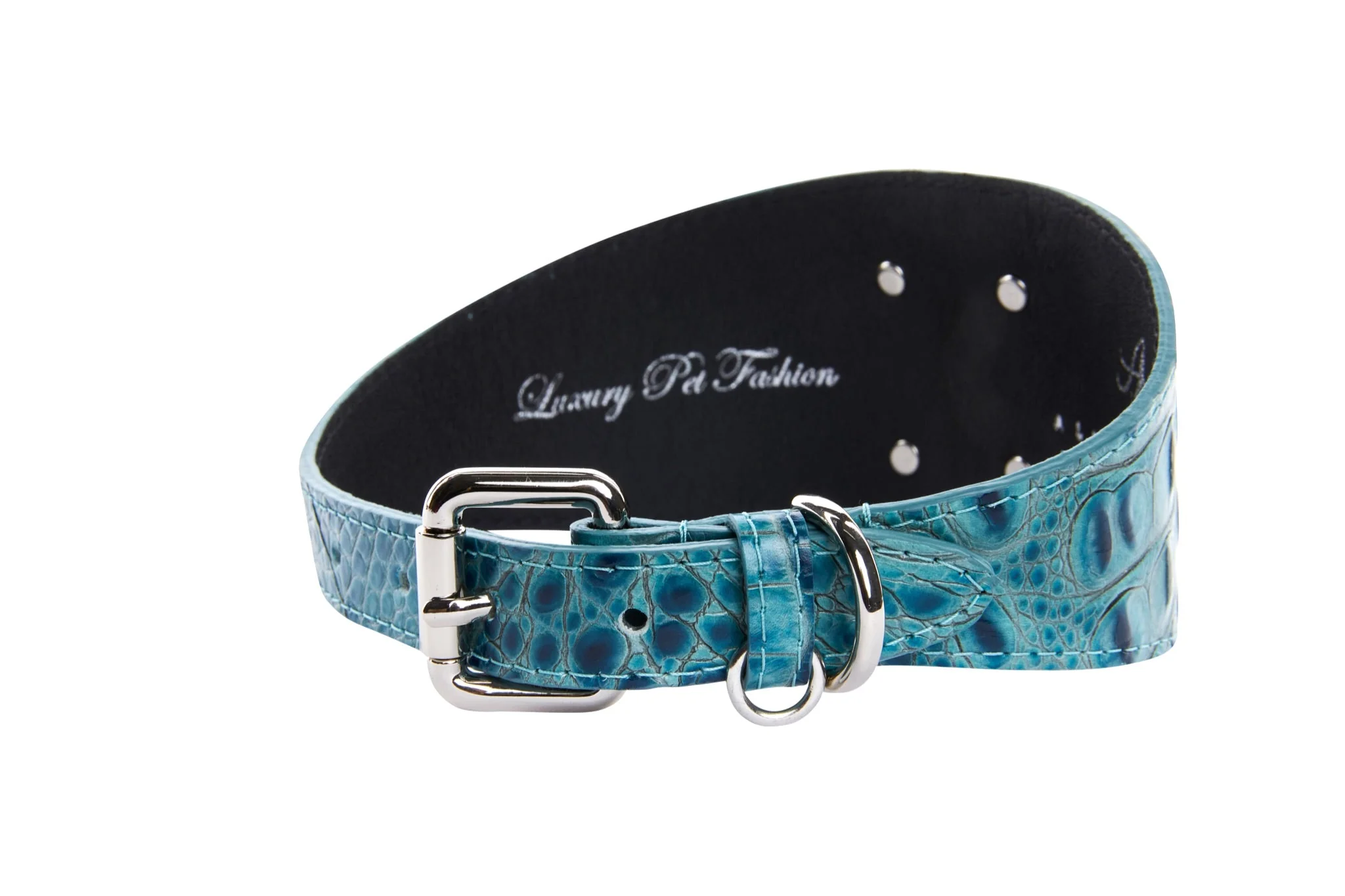 Turquoise Embossed Croc Italian Leather 3” Wide Style Collar With Large Silver Custom Rivet - Image 3